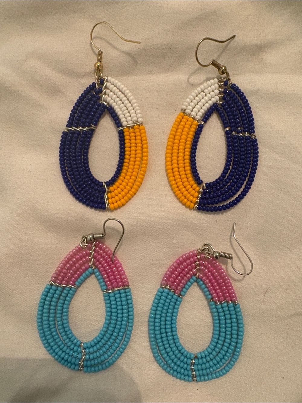 Handmade Beaded Teardrop Drop Earrings – Blue/Yellow/White and Turquoise/Pink